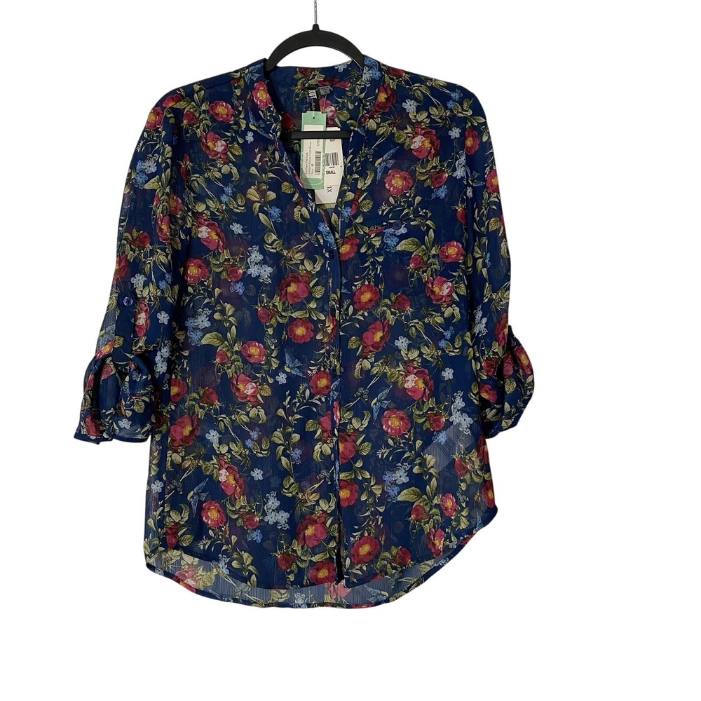 KUT from the Kloth‎ Roll Tab Sheer Floral Navy Blue Button Blouse XS Preppy NWT